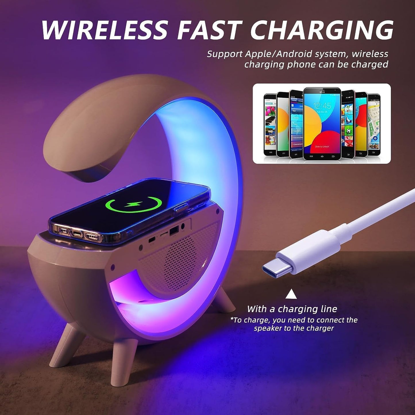 G Lamp With Wireless Charger RGB light alaram Clock Bluetooth Radio