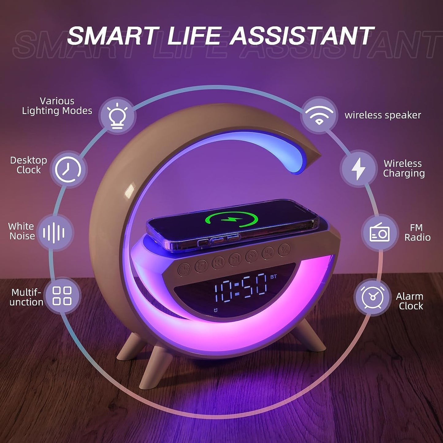 G Lamp With Wireless Charger RGB light alaram Clock Bluetooth Radio